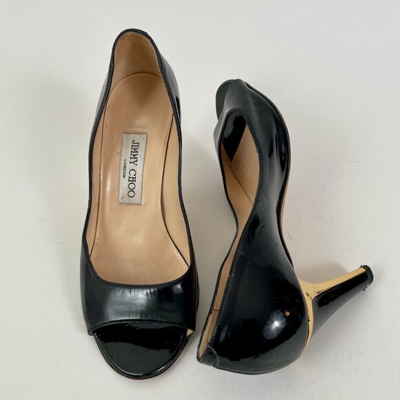 Jimmy Choo Black Patent Leather Peeptoe Pumps With Gold Detail, Size 37 (7) - Picture 8 of 11